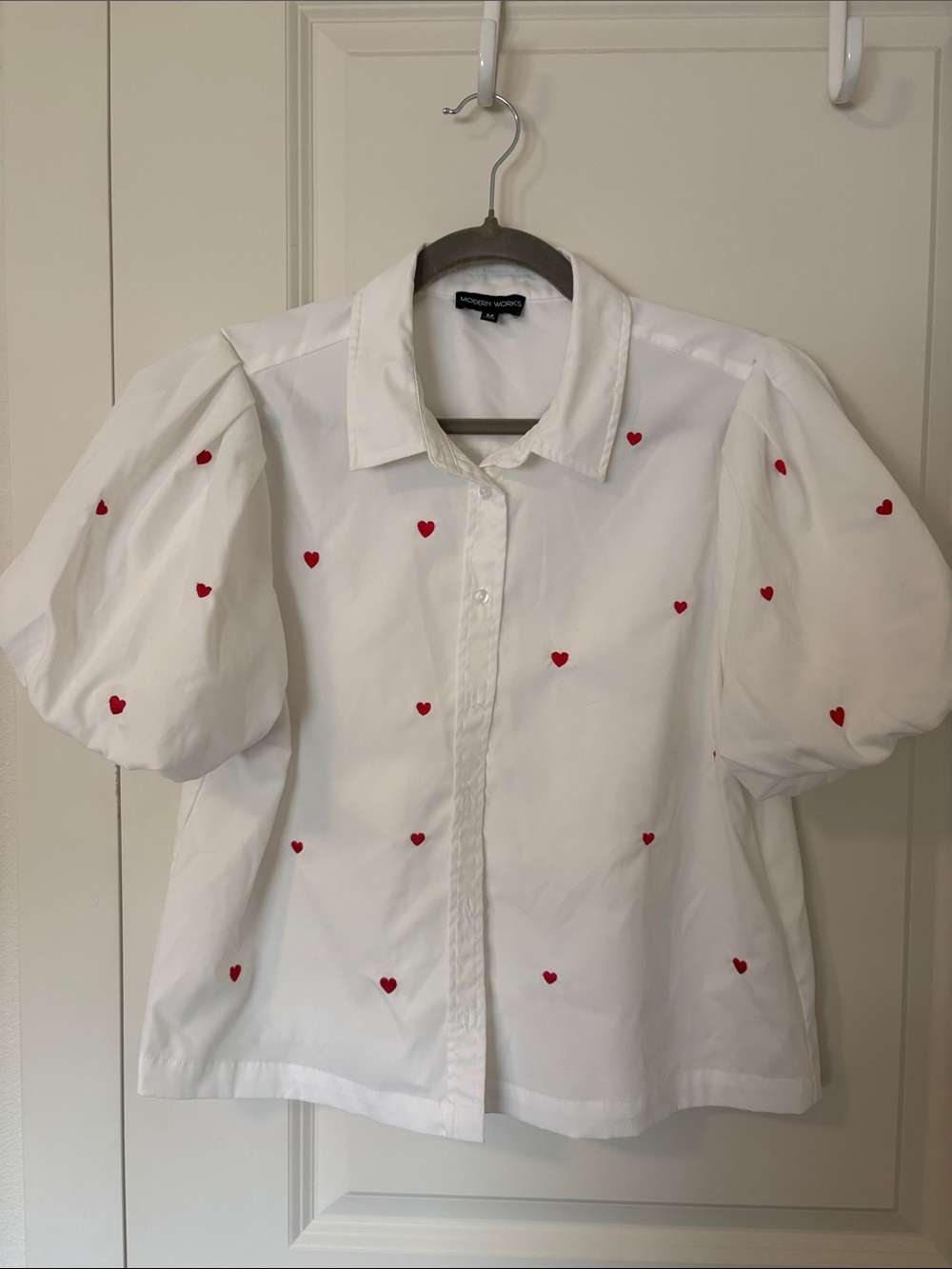 White Puff-Sleeve Blouse with Red Heart Embroidery